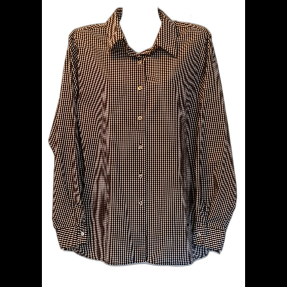 Orvis Women's Black/White Checkered Button-Up Shirt w/Side Slits/Logo, 14